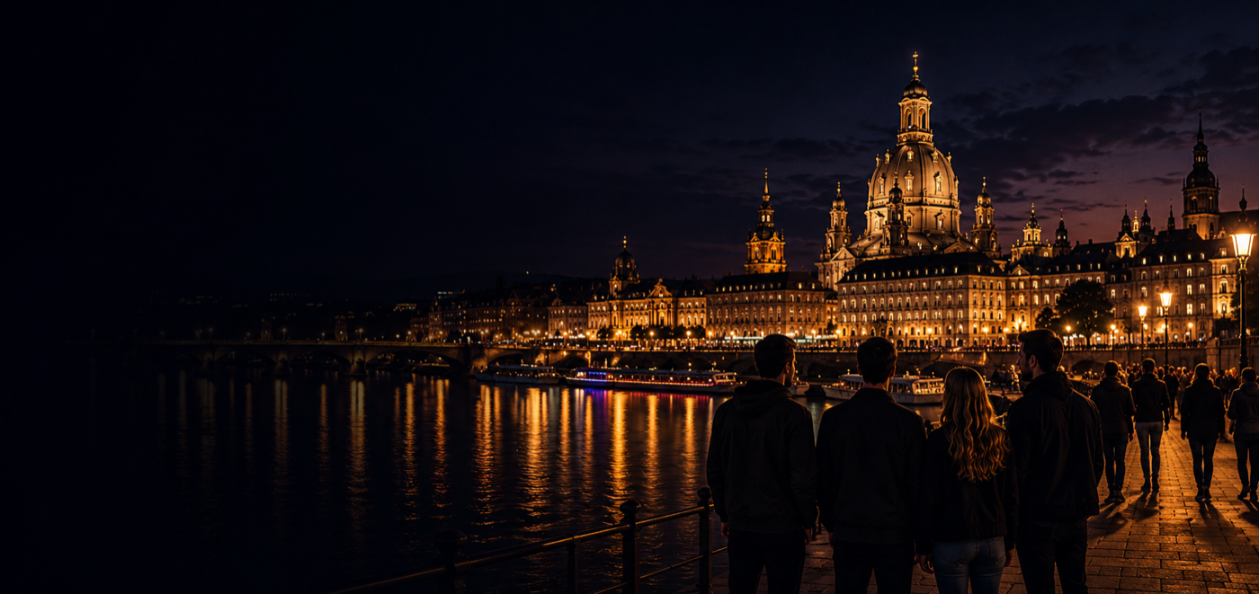People gathering in Dresden at sunset